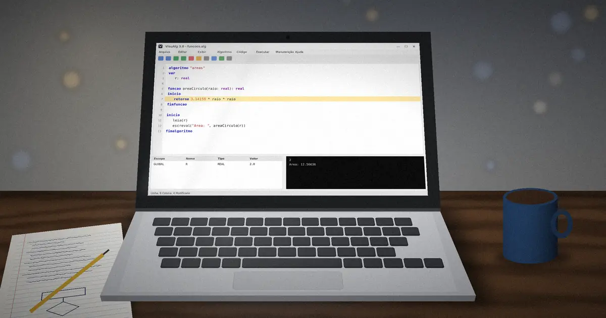 Laptop showing a VisuAlg funcao that calculates the area of a circle