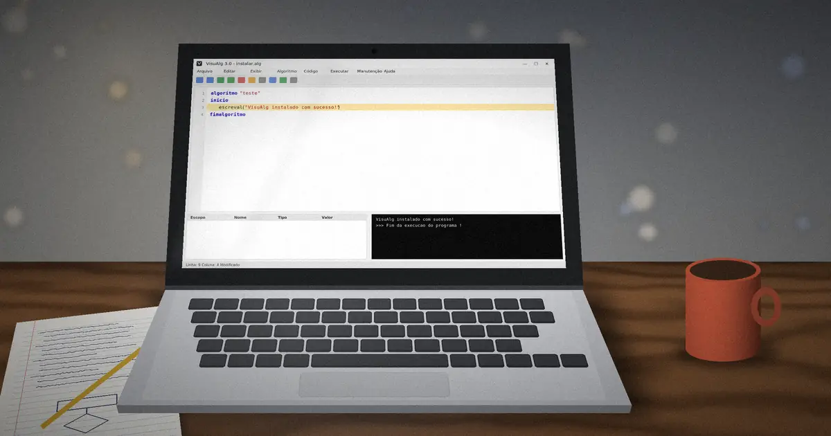 Laptop on a wooden desk running a VisuAlg test algorithm after installation