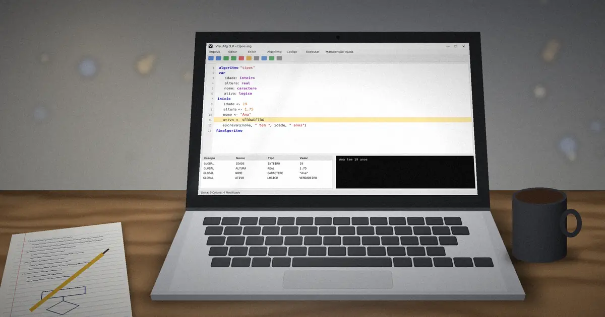 Laptop showing VisuAlg variables of type inteiro, real, caractere and logico in the memory panel