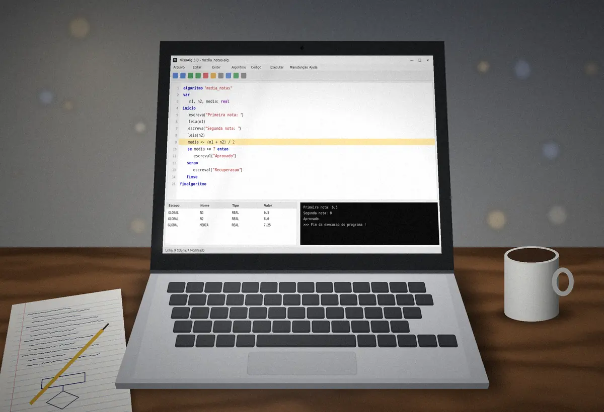 Laptop on a desk running VisuAlg with an average-grade algorithm, variables panel and output console